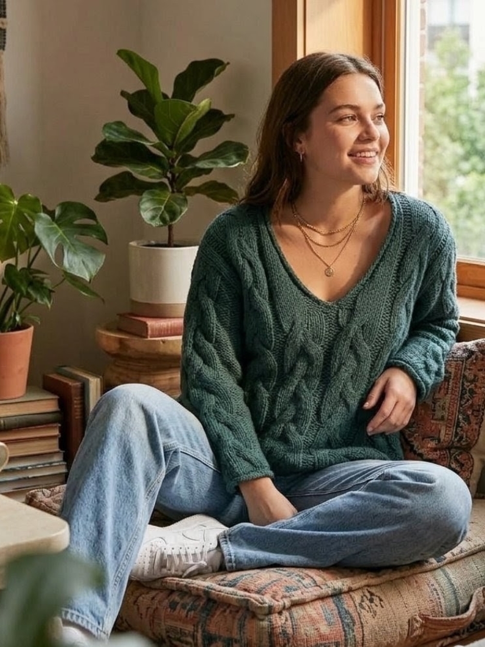 BDG Forest Green Cable Knit V-Neck Sweater